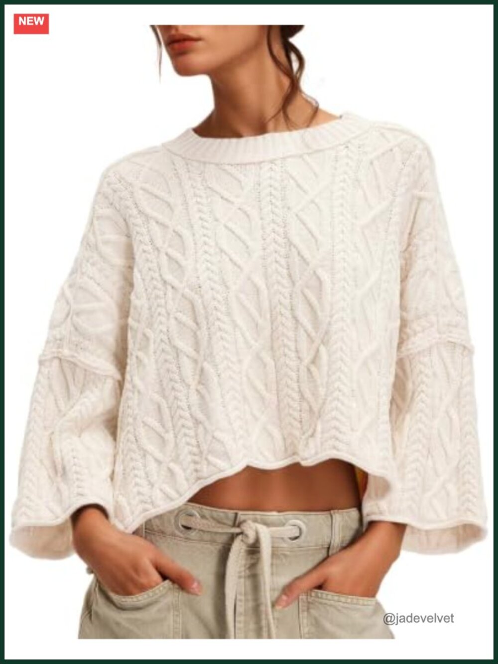 Women's Cable Knit Cropped Sweater Oversized Long Sleeve Pullover Crew Neck